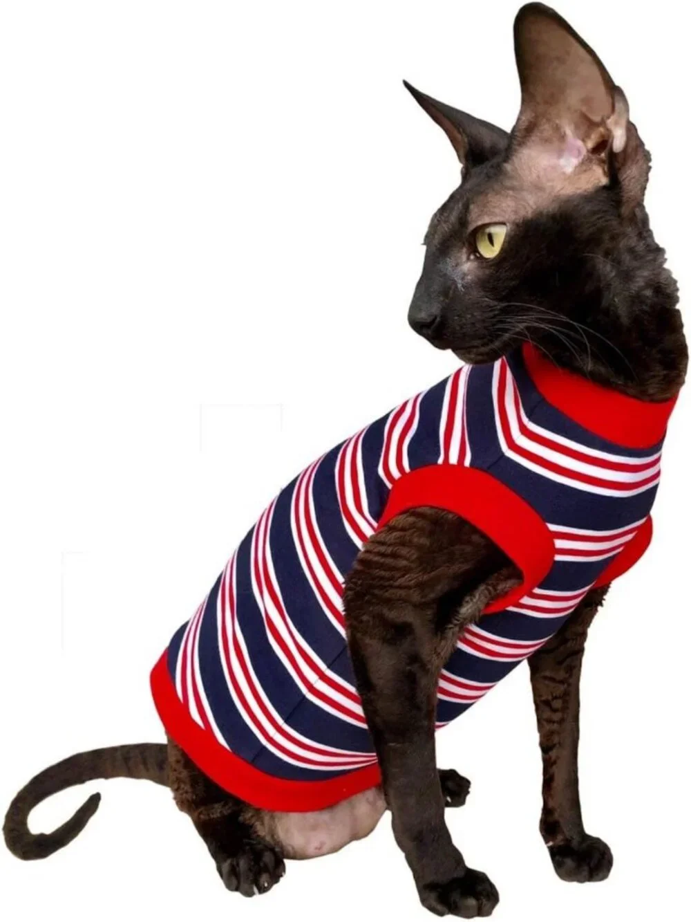 Cute Cat T-Shirt in Dark Blue, Red & White Stripes - XS Size, Stylish Pet